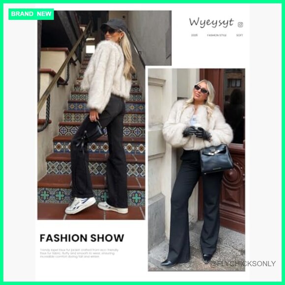 Faux Fur Coat Cropped Jacket Open Front Winter Outerwear - Picture 6 of 6